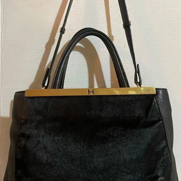 Halston calf fur & leather satchel handbag - Picture 10 of 13